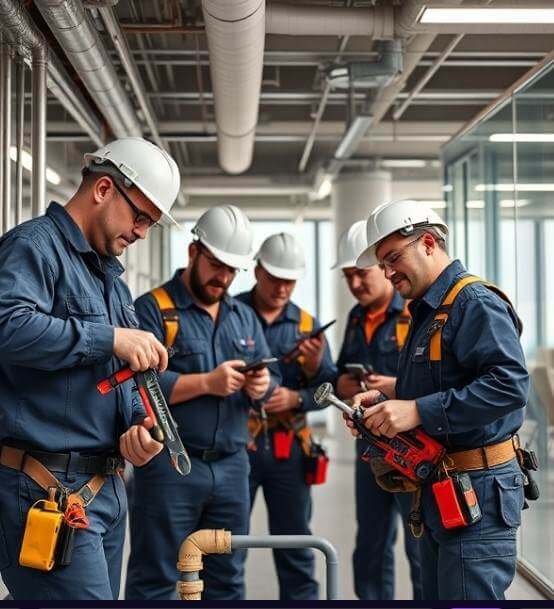 Team of plumbers discussing a job.