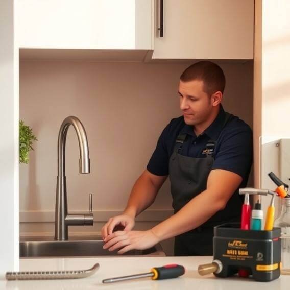 Plumber installing a new kitchen in Oregon.